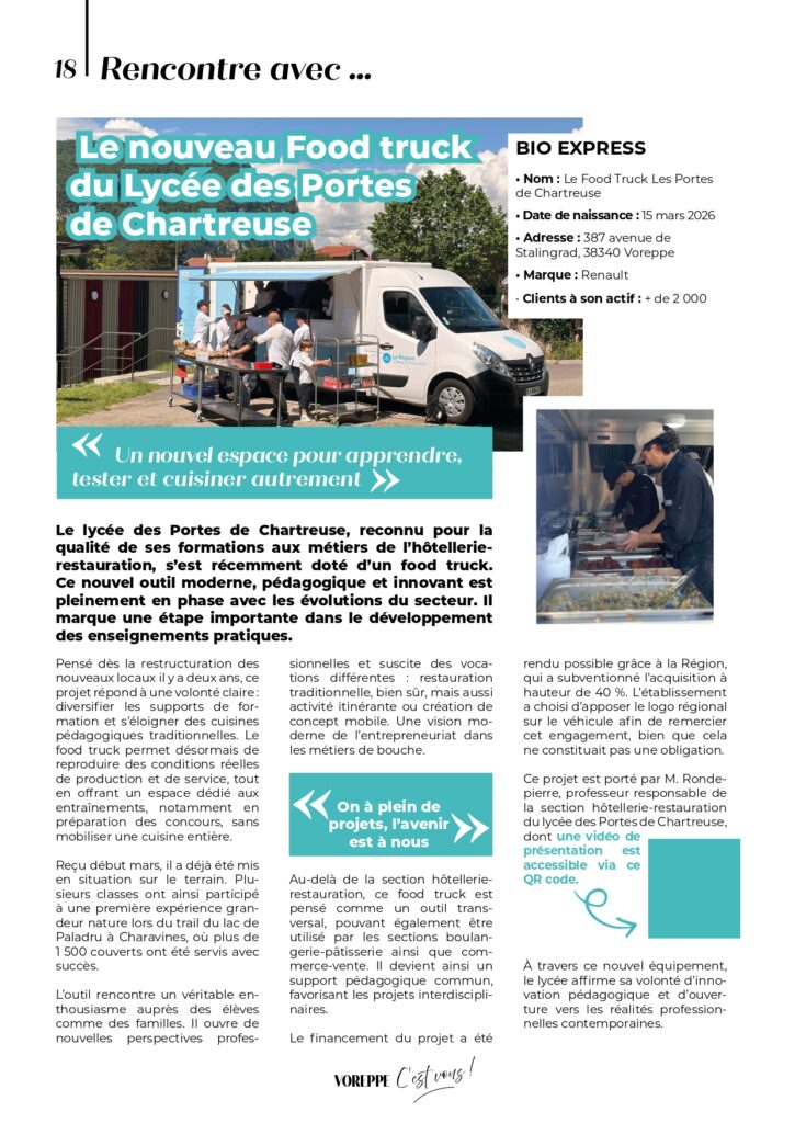 Interview du directeur du Lycée des Portes de Chartreuse publiée dans le journal communal de la mairie de Voreppe présentant le food truck pédagogique en hôtellerie-restauration.
